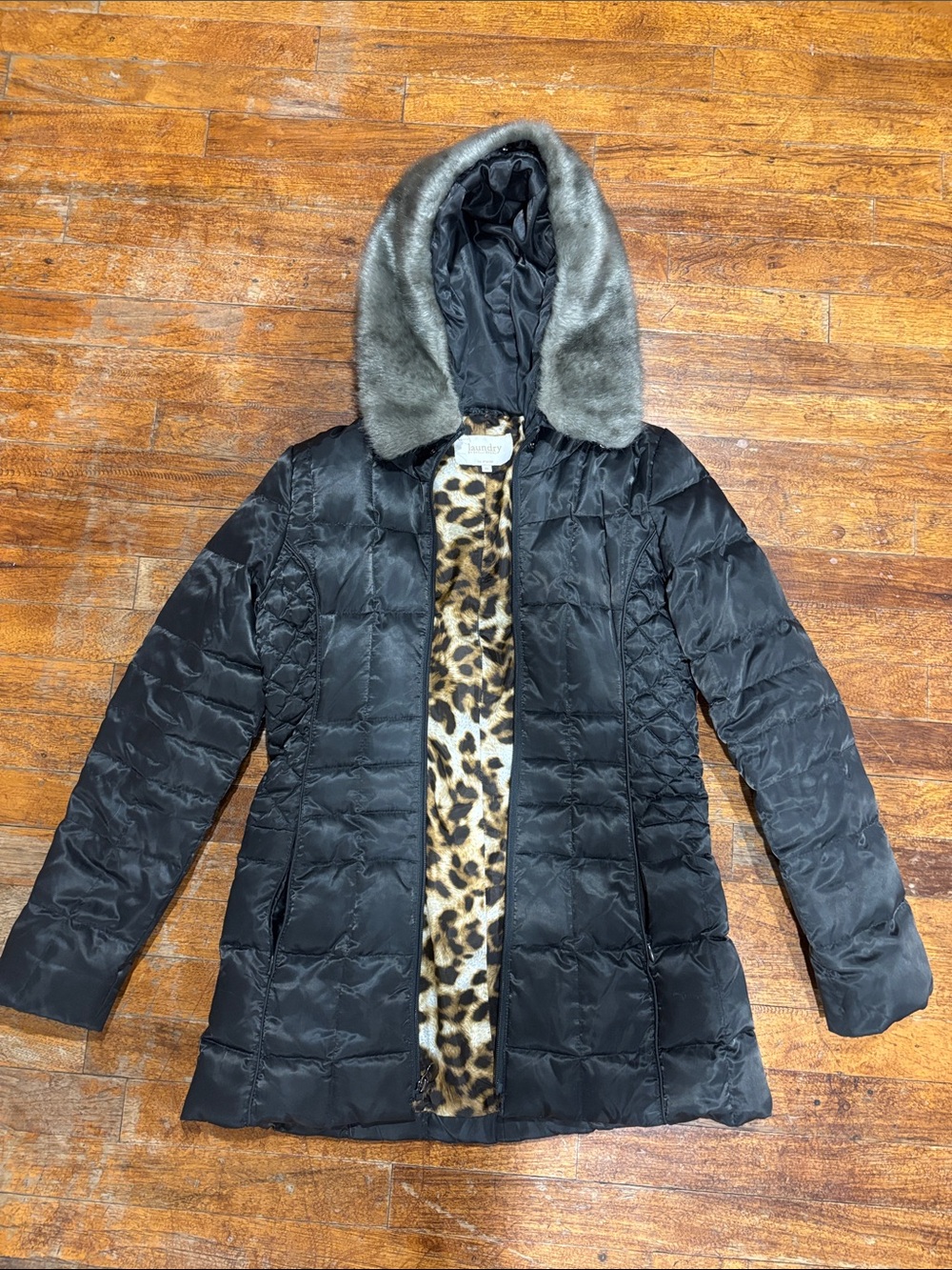 Laundry By Shelli Segal Black Puffer Coat with Faux Fur Hood and Leopard Trim